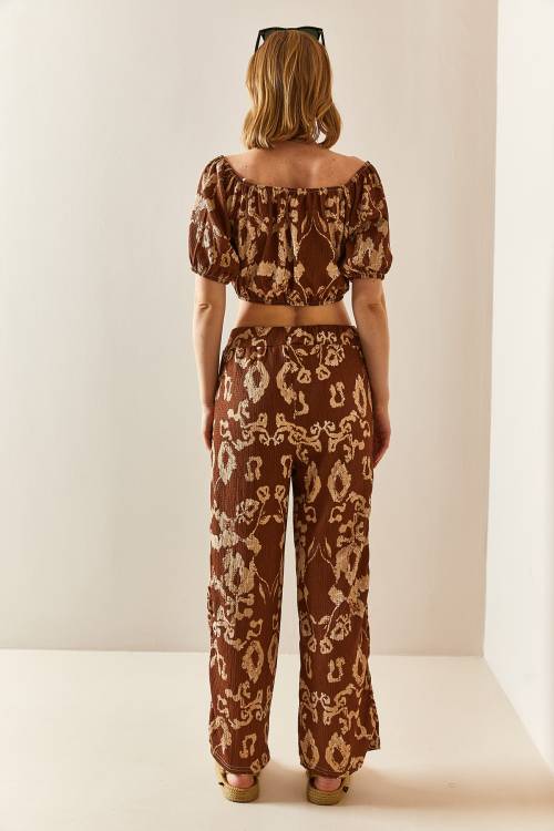 Kahverengi Desenli & Dokulu Crop İkili Takım 3YXK8-47340-18 - 4