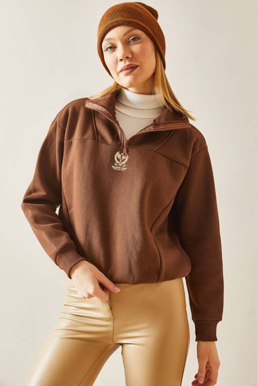 Kahverengi Dik Yaka Fermuarlı & Şardonlu Sweatshirt 4KXK8-47859-18 - 2
