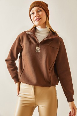 Kahverengi Dik Yaka Fermuarlı & Şardonlu Sweatshirt 4KXK8-47859-18 - 3