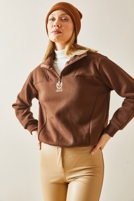 Kahverengi Dik Yaka Fermuarlı & Şardonlu Sweatshirt 4KXK8-47859-18 - 5