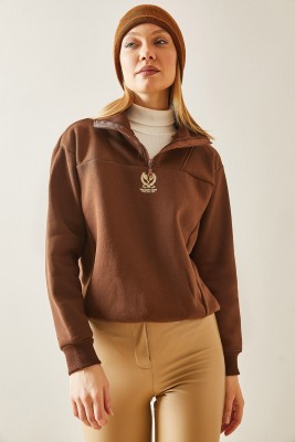 Kahverengi Dik Yaka Fermuarlı & Şardonlu Sweatshirt 4KXK8-47859-18 - 6