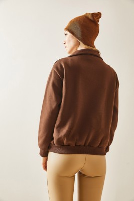 Kahverengi Dik Yaka Fermuarlı & Şardonlu Sweatshirt 4KXK8-47859-18 - 7