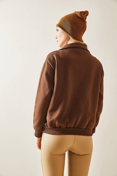 Kahverengi Dik Yaka Fermuarlı & Şardonlu Sweatshirt 4KXK8-47859-18 - 7