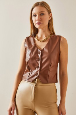 Kahverengi Düğmeli & Deri Blazer Yelek 4KXK4-47786-18 - 3