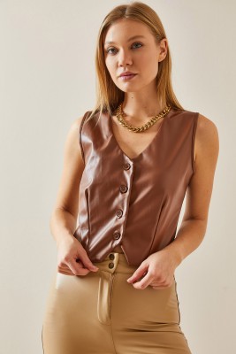 Kahverengi Düğmeli & Deri Blazer Yelek 4KXK4-47786-18 - 4