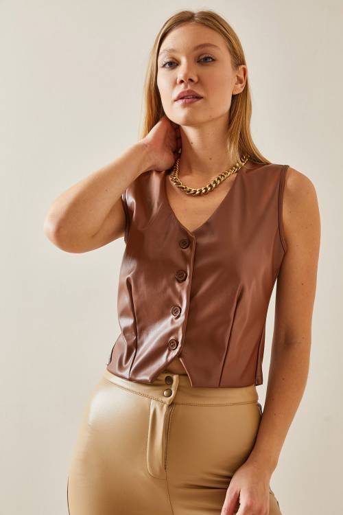 Kahverengi Düğmeli & Deri Blazer Yelek 4KXK4-47786-18 - 5