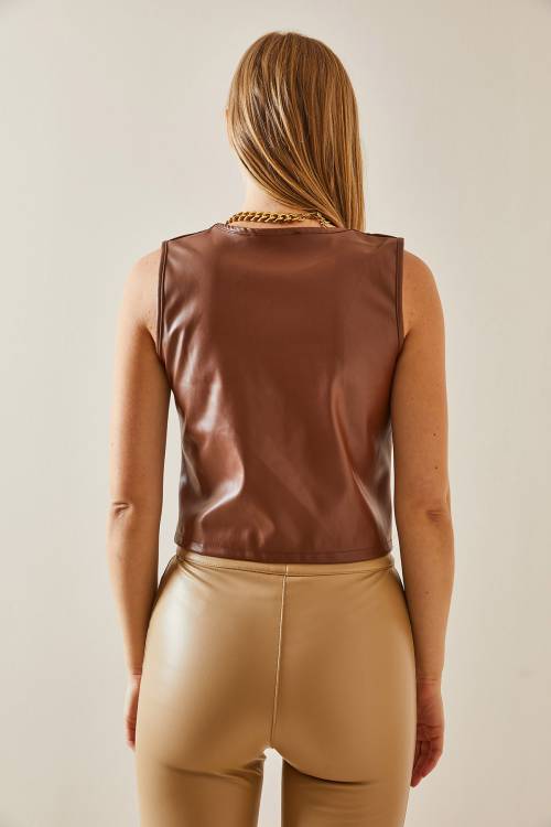 Kahverengi Düğmeli & Deri Blazer Yelek 4KXK4-47786-18 - 7