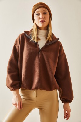Kahverengi Fermuarlı Dik Yaka Polar Sweatshirt 4KXK8-47854-18 - 2