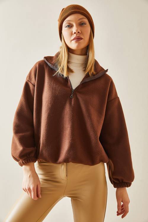 Kahverengi Fermuarlı Dik Yaka Polar Sweatshirt 4KXK8-47854-18 - 2
