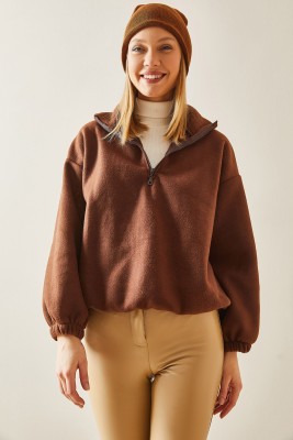 Kahverengi Fermuarlı Dik Yaka Polar Sweatshirt 4KXK8-47854-18 - 3