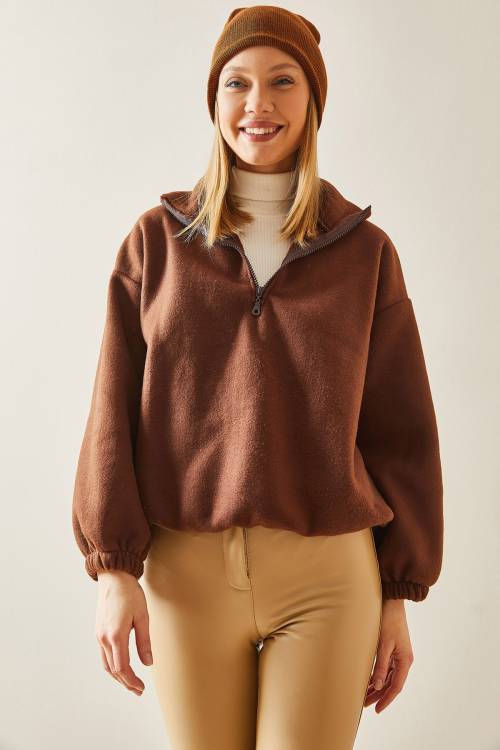 Kahverengi Fermuarlı Dik Yaka Polar Sweatshirt 4KXK8-47854-18 - 3