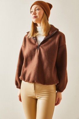 Kahverengi Fermuarlı Dik Yaka Polar Sweatshirt 4KXK8-47854-18 - 4