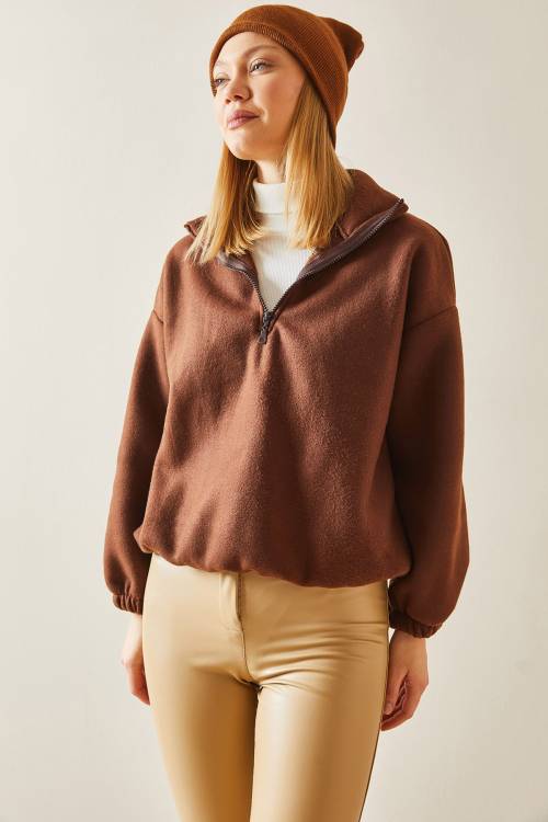 Kahverengi Fermuarlı Dik Yaka Polar Sweatshirt 4KXK8-47854-18 - 4