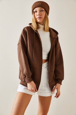 Kahverengi Fermuarlı & Kapüşonlü Sweatshirt 4KXK8-47606-18 - 2