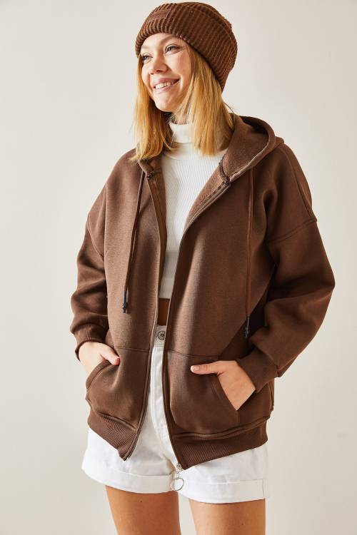 Kahverengi Fermuarlı & Kapüşonlü Sweatshirt 4KXK8-47606-18 - 3