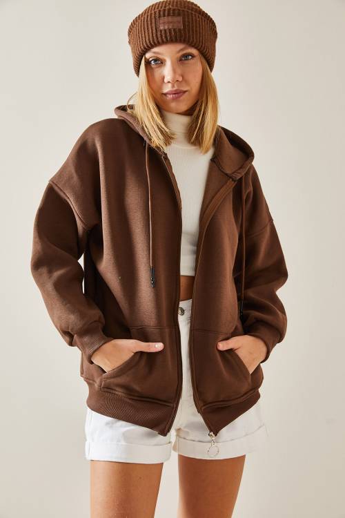 Kahverengi Fermuarlı & Kapüşonlü Sweatshirt 4KXK8-47606-18 - 4