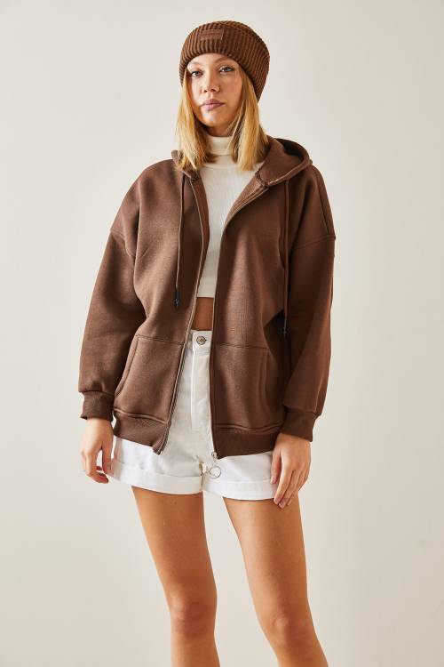 Kahverengi Fermuarlı & Kapüşonlü Sweatshirt 4KXK8-47606-18 - 6