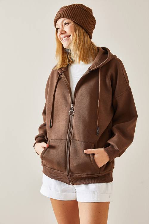 Kahverengi Fermuarlı & Kapüşonlü Sweatshirt 4KXK8-47606-18 - 7
