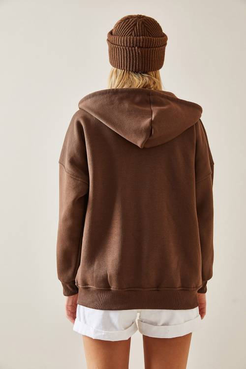 Kahverengi Fermuarlı & Kapüşonlü Sweatshirt 4KXK8-47606-18 - 8