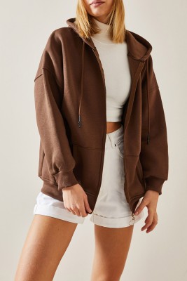 Kahverengi Fermuarlı & Kapüşonlü Sweatshirt 4KXK8-47606-18 