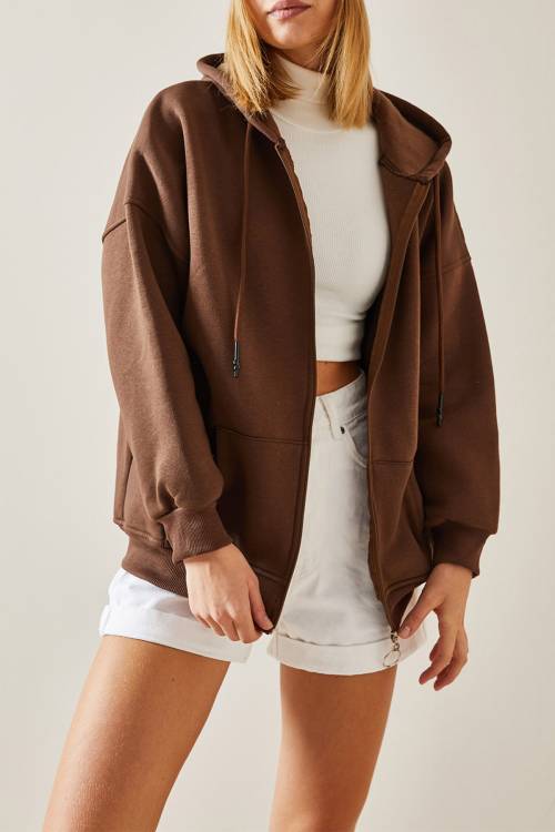 Kahverengi Fermuarlı & Kapüşonlü Sweatshirt 4KXK8-47606-18 - 1