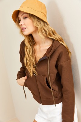 Kahverengi Fermuarlı & Kapüşonlü Sweatshirt Hırka 3KXK8-46547-18 - 3