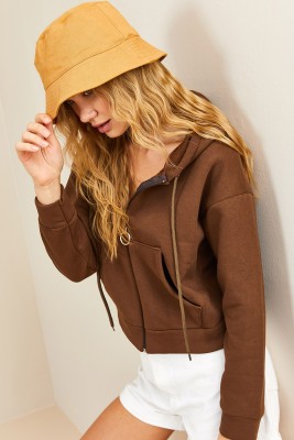 Kahverengi Fermuarlı & Kapüşonlü Sweatshirt Hırka 3KXK8-46547-18 - 4
