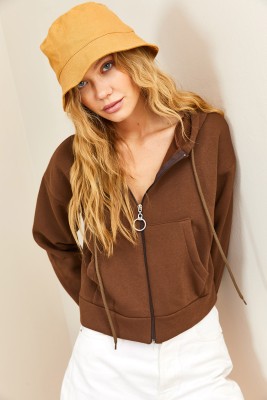 Kahverengi Fermuarlı & Kapüşonlü Sweatshirt Hırka 3KXK8-46547-18 - 6