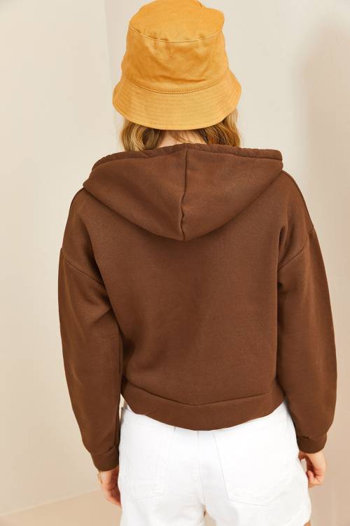 Kahverengi Fermuarlı & Kapüşonlü Sweatshirt Hırka 3KXK8-46547-18 - 7