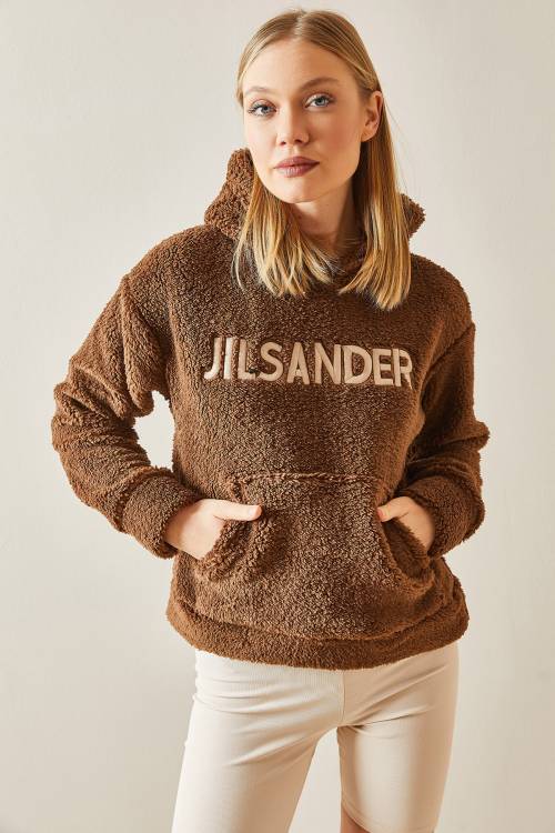 Kahverengi Kanguru Cepli & Kapüşonlu Peluş Sweatshirt 4KXK8-47856-18 - 2