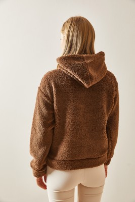 Kahverengi Kanguru Cepli & Kapüşonlu Peluş Sweatshirt 4KXK8-47856-18 - 6