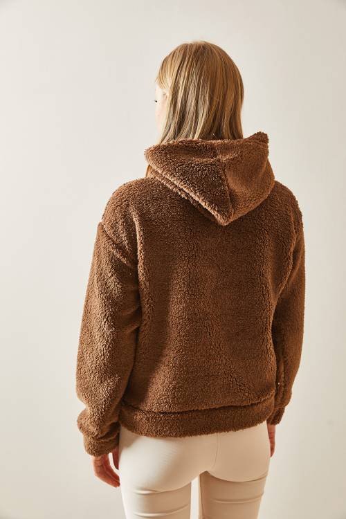 Kahverengi Kanguru Cepli & Kapüşonlu Peluş Sweatshirt 4KXK8-47856-18 - 6