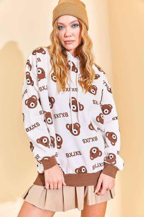 Kahverengi Kapüşonlü Ayıcık Desenli Sweatshirt 3KXK8-46624-18 - 1