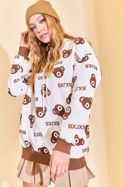 Kahverengi Kapüşonlü Ayıcık Desenli Sweatshirt 3KXK8-46624-18 - 3
