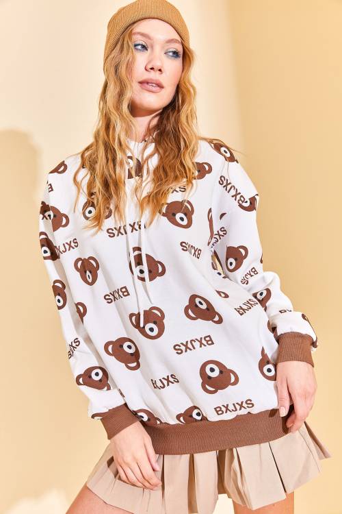 Kahverengi Kapüşonlü Ayıcık Desenli Sweatshirt 3KXK8-46624-18 - 4