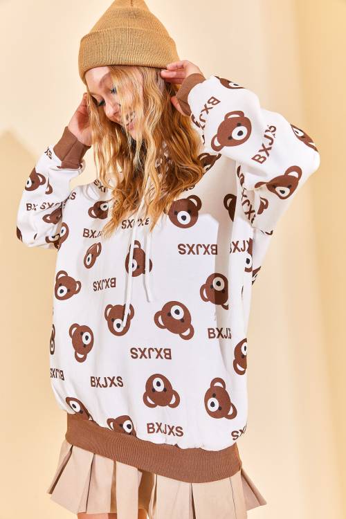 Kahverengi Kapüşonlü Ayıcık Desenli Sweatshirt 3KXK8-46624-18 - 6