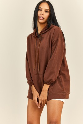 XHAN - Kahverengi Kapüşonlü Kanguru Cepli Sweatshirt 3KXK8-46551-18