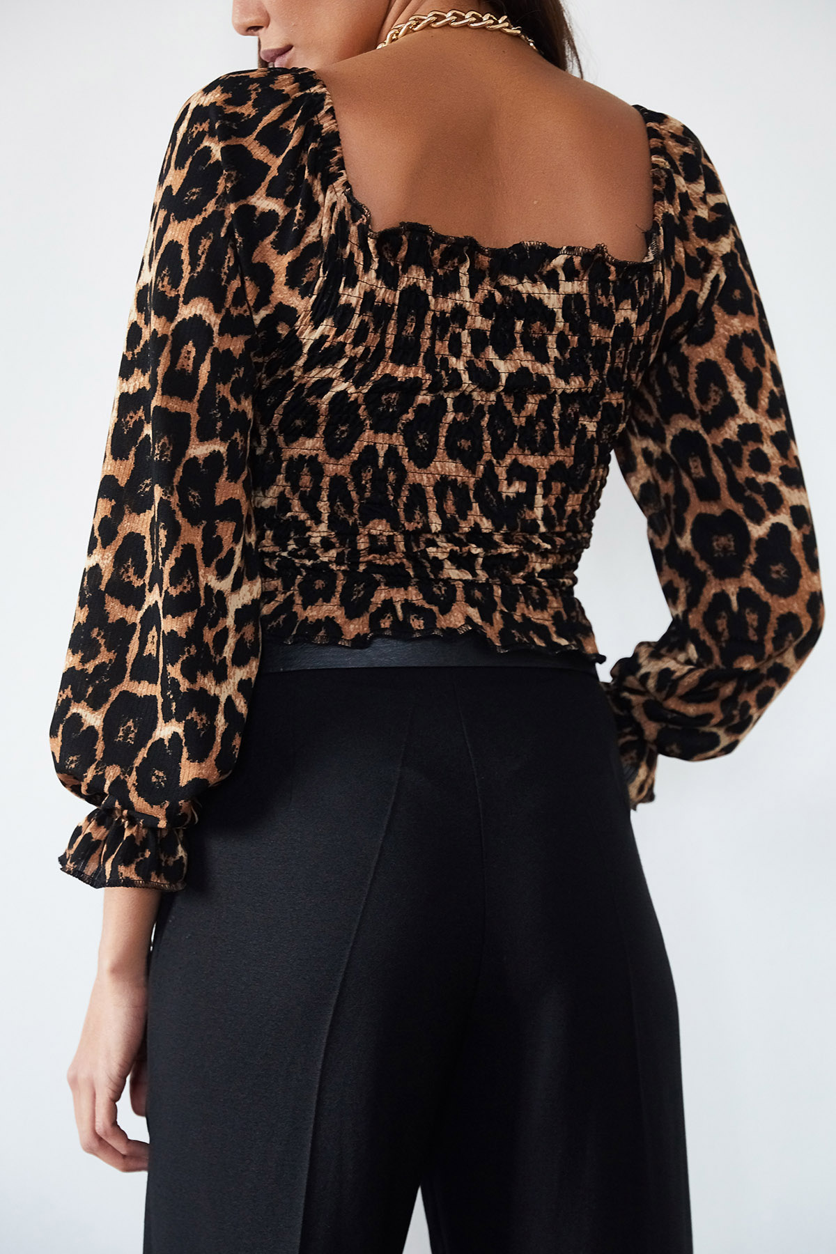 Kahverengi Leopar Desenli Gipeli Büzgülü Bluz 1KXK2-44718-60 - 5