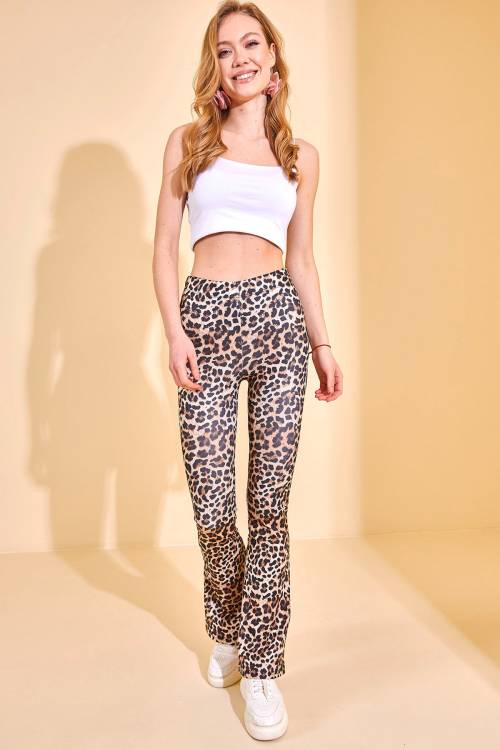 Kahverengi Leopar Desenli İspanyol Paça Tayt 2KXK5-46028-18 - 5