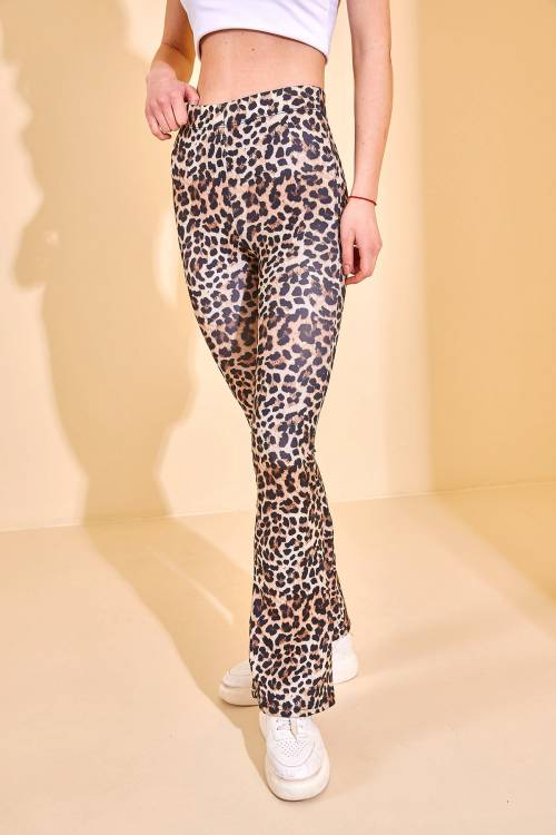 Kahverengi Leopar Desenli İspanyol Paça Tayt 2KXK5-46028-18 - 6