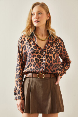 Kahverengi Leopar Desenli Polo Yaka Gömlek 5YXK2-48241-18 - 2
