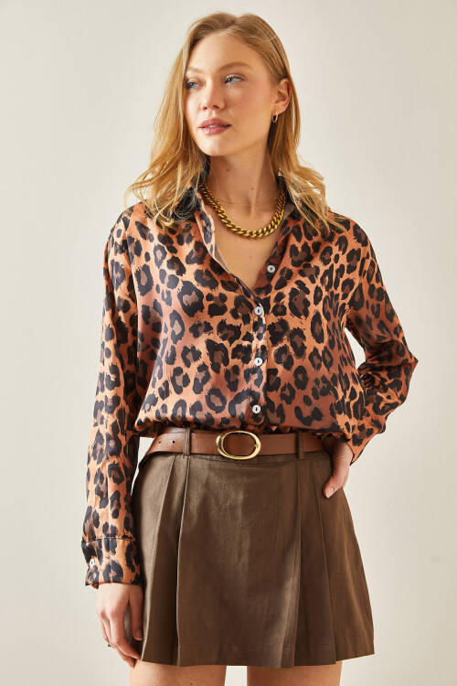 Kahverengi Leopar Desenli Polo Yaka Gömlek 5YXK2-48241-18 - 2