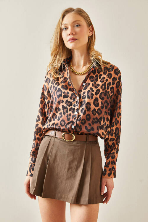 Kahverengi Leopar Desenli Polo Yaka Gömlek 5YXK2-48241-18 - 3