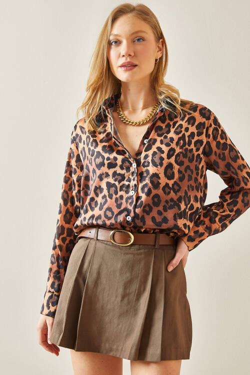 Kahverengi Leopar Desenli Polo Yaka Gömlek 5YXK2-48241-18 - 4