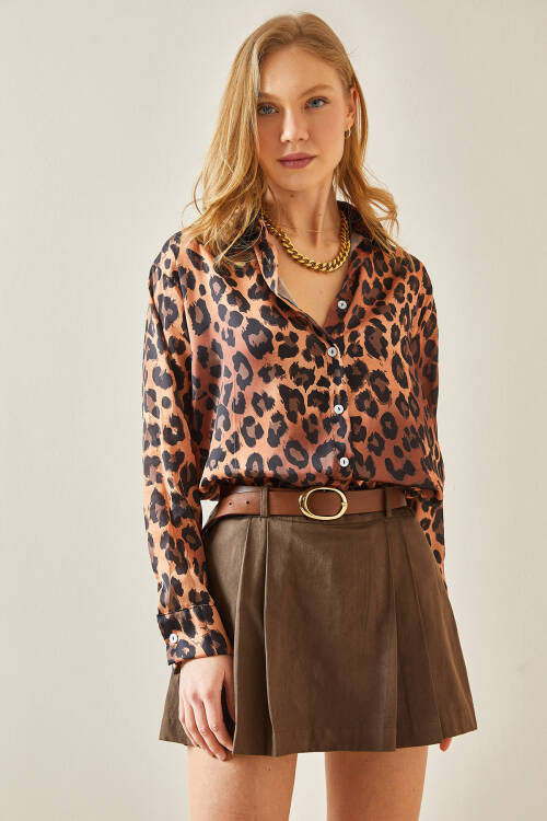 Kahverengi Leopar Desenli Polo Yaka Gömlek 5YXK2-48241-18 - 5