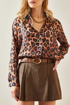 Kahverengi Leopar Desenli Polo Yaka Gömlek 5YXK2-48241-18 - XHAN