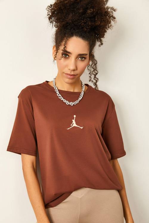 Kahverengi Önü Baskılı Oversize Basic Tişört 2YXK1-46119-18 - 1