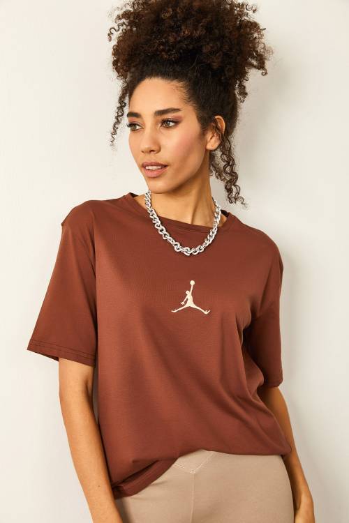 Kahverengi Önü Baskılı Oversize Basic Tişört 2YXK1-46119-18 - 2