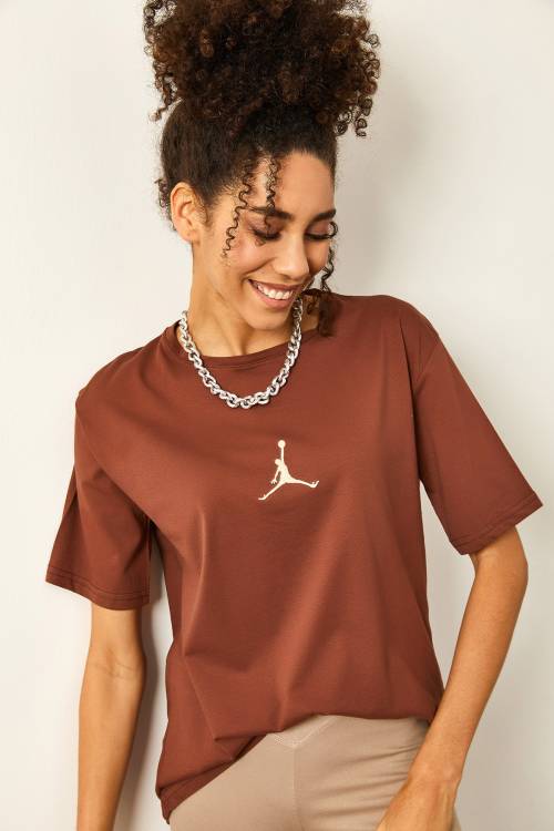 Kahverengi Önü Baskılı Oversize Basic Tişört 2YXK1-46119-18 - 3