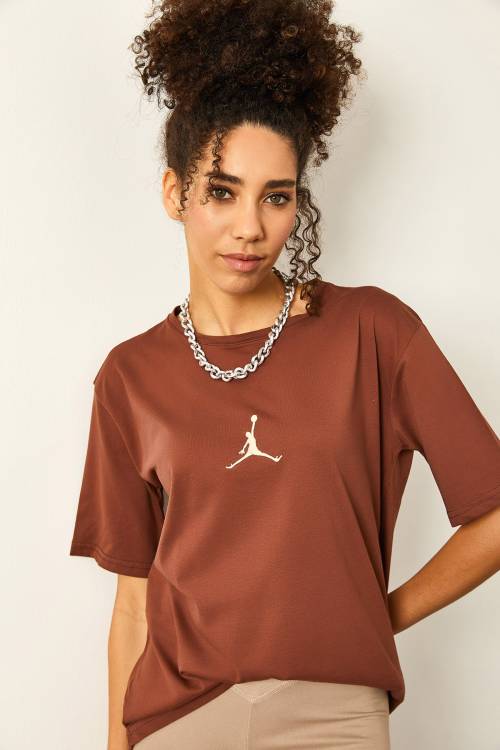 Kahverengi Önü Baskılı Oversize Basic Tişört 2YXK1-46119-18 - 4